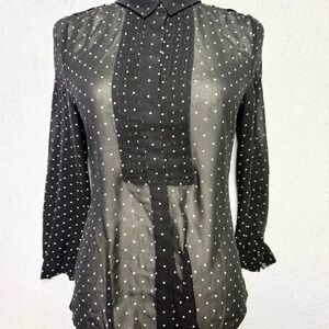 Halogen Black Sheer Polka Dot Button-Front Blouse